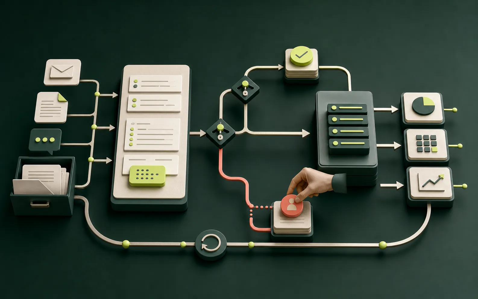 An AI-native workflow connecting messages, documents, decisions, business systems, human review, and feedback